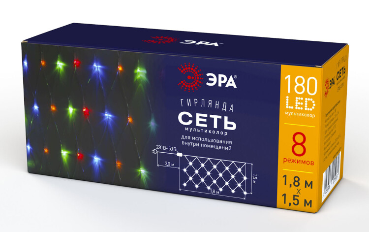 ЭРА ENIS-01M Гирлянда LED Сеть 1,8 м*1,5 м мультиколор, мультирежим, 220V, IP20 (Б0041901) превью в интернет-магазине электрики Форум Электро в Москве