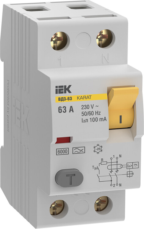 УЗО KARAT ВД3-63 2P 63А 100мА 6кА тип A IEK (MDV21-2-063-100) превью в интернет-магазине электрики Форум Электро в Москве