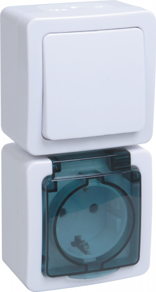 Картинка блок выключатель одноклавишный и розетка с заземляющим контактом и крышкой для открытой установки белая клавиша дымчатая крышка БВб-22-31-ГПБд IP54 Ге (EBVMP20-K03-31-54-EC) в интернет-магазине Форум Электро в Москве