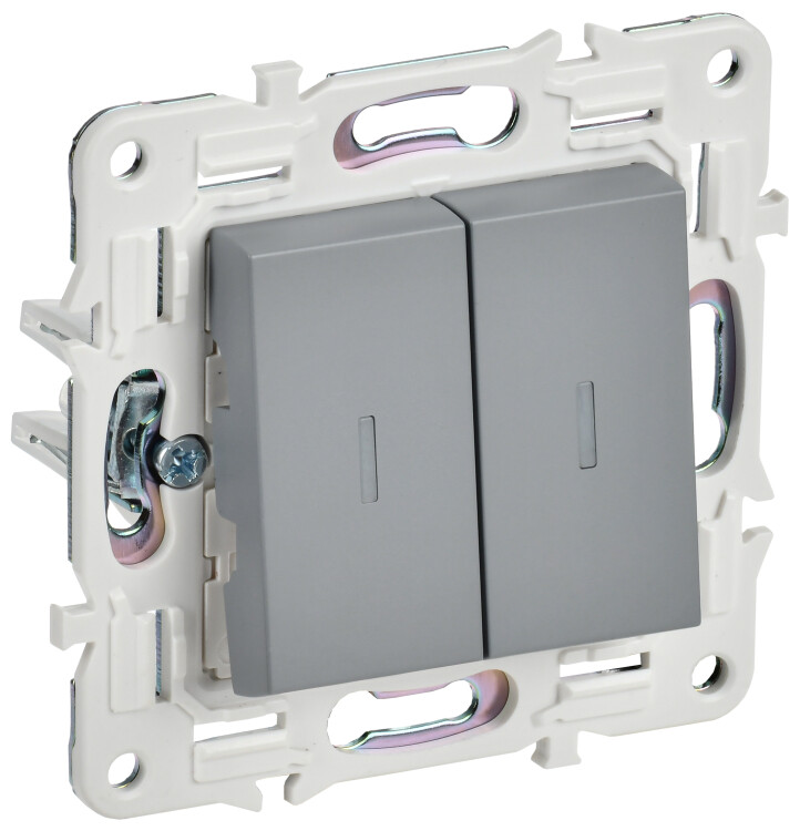 Картинка IEK SKANDY Серый Выключатель 2-клавишный с индикацией 10А SK-V09Gr (SK-V20-1-10-K03) в интернет-магазине Форум Электро в Москве