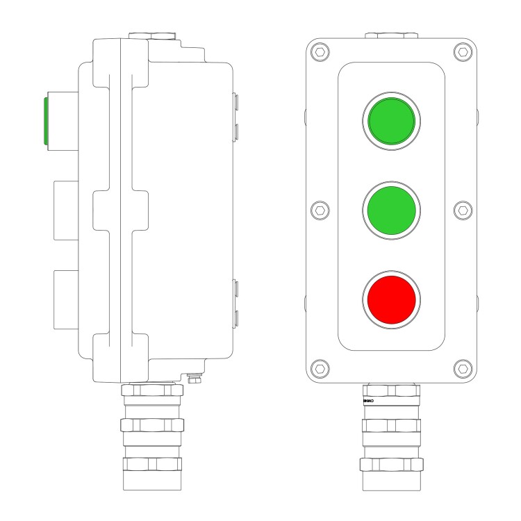 DKC Взрывонепроницаемый пост управления из алюминия LCSD-03-B-MB-L1G(220)x1-P1G(11)x1-P1R(11)x1-PBMB-KA2MHK / 1Ex d IIB T5 Gb / Ex tb IIIC T95°С Db IP66 (LCSD21000107) превью в интернет-магазине электрики Форум Электро в Москве