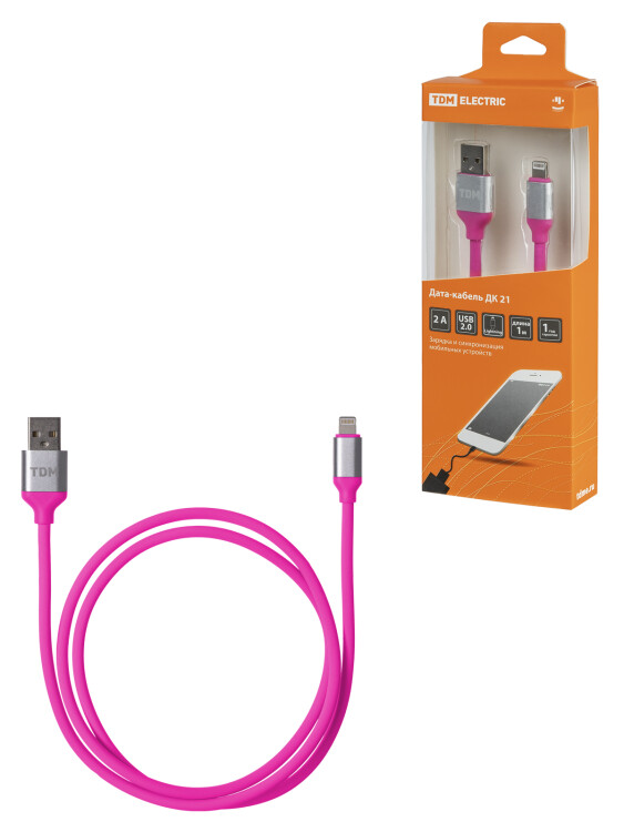 TDM Дата-кабель, ДК 21, USB - Lightning, 1 м, силиконовая оплетка, розовый, (SQ1810-0321) превью в интернет-магазине электрики Форум Электро в Москве