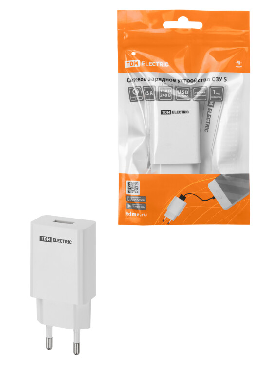 Сетевое зарядное устройство, СЗУ 5, Quick Charge 3.0, 3 А, 1 USB, белый, TDM (SQ1810-0003) превью в интернет-магазине электрики Форум Электро в Москве