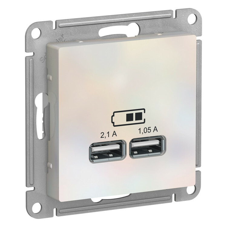 Картинка Systeme Electric AtlasDesign Жемчуг USB, 5В, 1 порт x 2,1 А, 2 порта х 1,05 А, механизм (ATN000433) в интернет-магазине Форум Электро в Москве