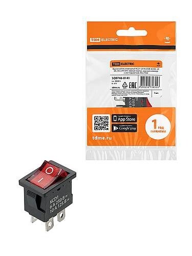 Картинка TDM KCD1-201N 250В AC/DC, 2P, 6А, (4с), ON-OFF, черный корпус, красная клавиша, с LED подсв., Mini (SQ0746-0141) в интернет-магазине Форум Электро в Москве