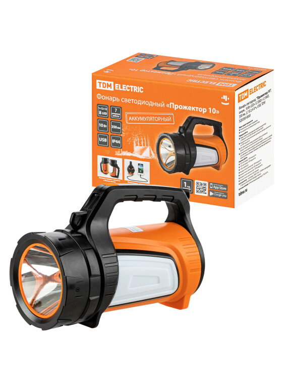 TDM Фонарь светодиод. "Прожектор 10", аккум., 10 Вт LED+12 SMD+12 SMD, 350 лм, 3,7 В 2,4 А*ч, USB (SQ0350-0003) превью в интернет-магазине электрики Форум Электро в Москве