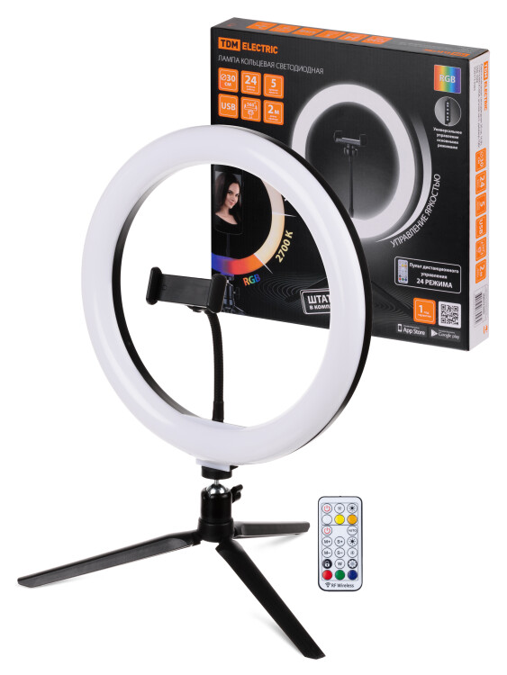 TDM Лампа кольцевая светодиодная 30 см, 16 Вт, 2700-6400 К+RGB, штатив наст., диммер, ПДУ, USB (SQ0373-0303) превью в интернет-магазине электрики Форум Электро в Москве