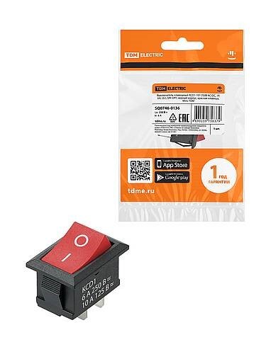 Картинка TDM KCD1-101 250В AC/DC, 1P, 6А, (2с), ON-OFF, черный корпус, красная клавиша, Mini (SQ0746-0136) в интернет-магазине Форум Электро в Москве