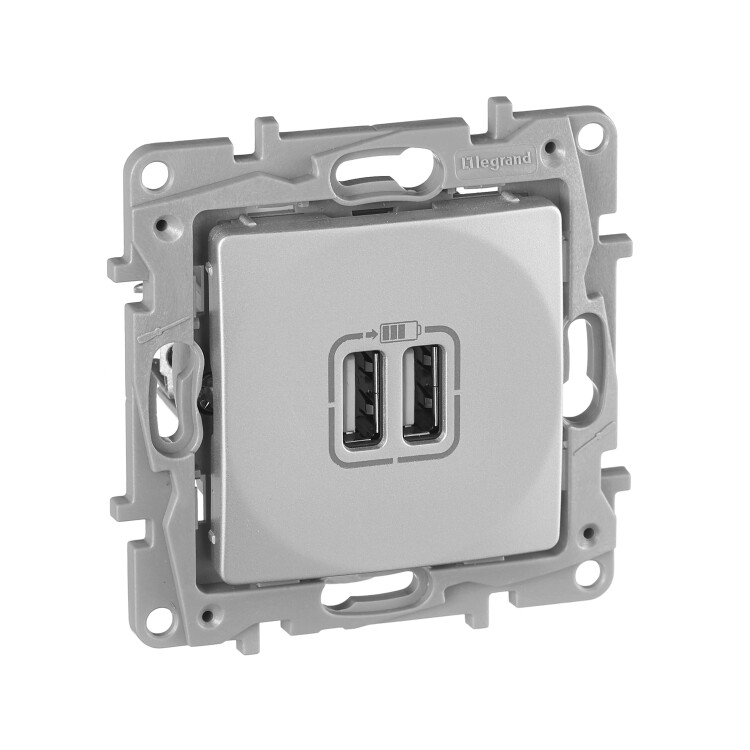 Картинка Legrand Etika Алюминий Розетка USB 2-ая 240В/5В 2400мА (672494) в интернет-магазине Форум Электро в Москве