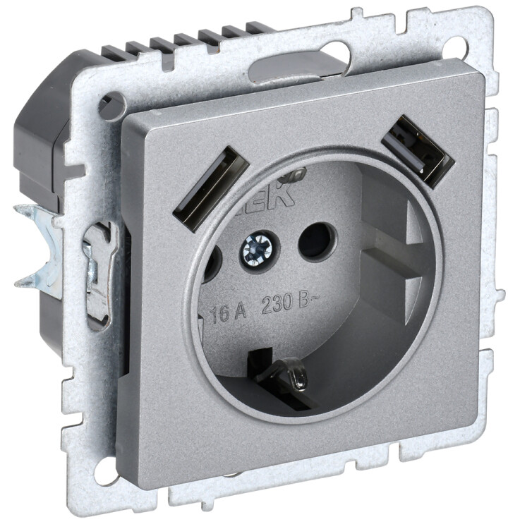 Картинка BRITE Роз. с з/к/ш 16А с USB A+A 2,1А РЮш10-1-БрА алюм. IEK (BR-R14-16-U21-D21-K47) в интернет-магазине Форум Электро в Москве