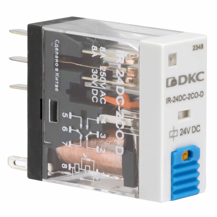 DKC Реле миниатюрное промышленное, 2CO, ком. ток 8А, AgSnO2, напряжение 12V DC, опция: тест-кнопка+светодиод+защитный диод (IR-12DC-2CO-D) превью в интернет-магазине электрики Форум Электро в Москве