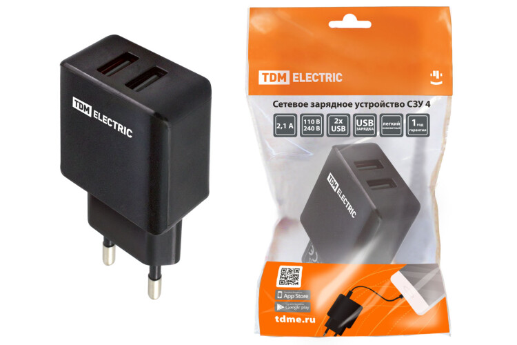 TDM Сетевое зарядное устройство, СЗУ 4, 2,1 А, 2 USB, черный, (SQ1810-0021) превью в интернет-магазине электрики Форум Электро в Москве
