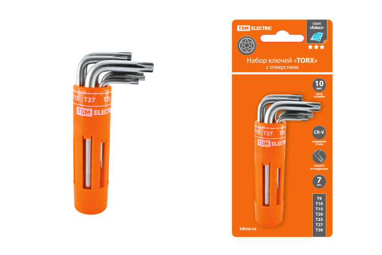 TDM Набор ключей "TORX" с отверстием 7 шт: T9-T30 (круглый держатель в блистере), CR-V сталь "Алмаз" (SQ1021-0101) превью в интернет-магазине электрики Форум Электро в Москве