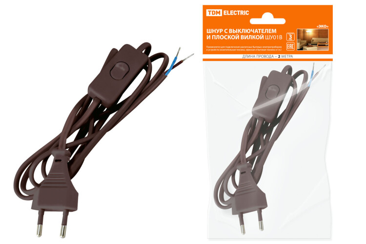 Картинка TDM Шнур с выключателем и плоской вилкой ШУ01В ШВВП 2х0,75мм2 2м. коричневый "ЭКО" (SQ1305-0006) в интернет-магазине Форум Электро в Москве
