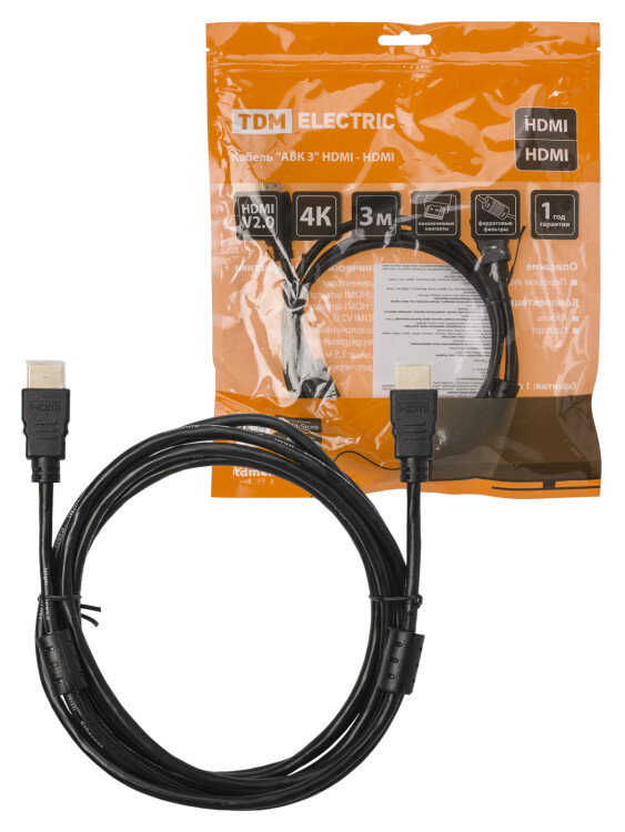 TDM Кабель "АВК 4" HDMI - HDMI, v2.0, позолоченные контакты, с ферритами, 3 метра (SQ4040-0004) превью в интернет-магазине электрики Форум Электро в Москве