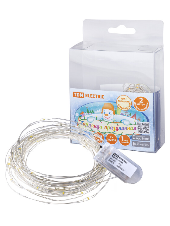 TDM Гирлянда светодиодная "Роса20" 20LED, 2м, 3000К, 2хCR2032 , (SQ0361-0054) превью в интернет-магазине электрики Форум Электро в Москве