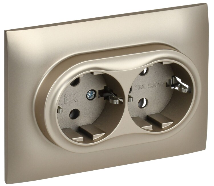 Картинка IEK SKANDY Шампань Розетка 2-ая с/з без защитных шторок 16А в сборе SK-R08Sh (SK-R21-16-K37-F) в интернет-магазине Форум Электро в Москве