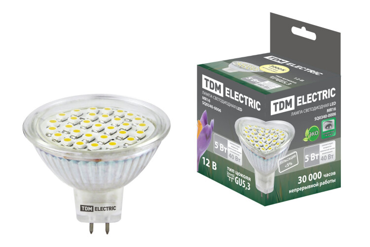 Лампа светодиодная MR16-5 Вт-12 В -3000 К–GU 5,3 SMD TDM (SQ0340-0006) превью в интернет-магазине электрики Форум Электро в Москве
