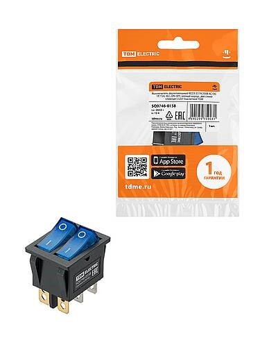 Картинка TDM KCD3-221N 250В AC/DC, 1P, 15А, (6с), ON-OFF, черный корпус, две синие клавиши, LED (SQ0746-0158) в интернет-магазине Форум Электро в Москве