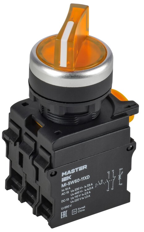 IEK Переключатель с подсв. 2 полож. 1NO+1NC жёлтый MASTER (MI-SW60-11XD-3-14-2-K05) превью в интернет-магазине электрики Форум Электро в Москве