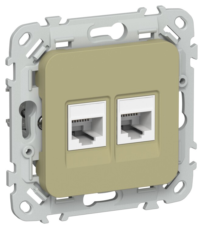 Картинка IEK FLITE Оливковый Розетка 2-местная RJ45/RJ11 категория 5Е/3 UTP (FI-KT22-1-K26) в интернет-магазине Форум Электро в Москве