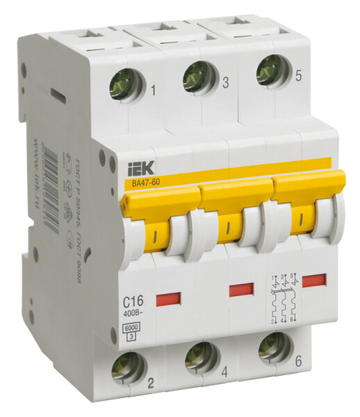Авт. выкл. ВА 47-60 3Р 16А 6 кА  х-ка С ИЭК (MVA41-3-016-C) превью в интернет-магазине электрики Форум Электро в Москве