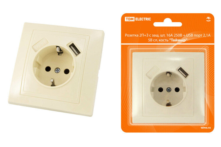 Картинка TDM Розетка 2П+З с защ. шт. 16А 250В + USB порт 2,1А 5В сл. кость "Таймыр" (SQ1814-0140) в интернет-магазине Форум Электро в Москве