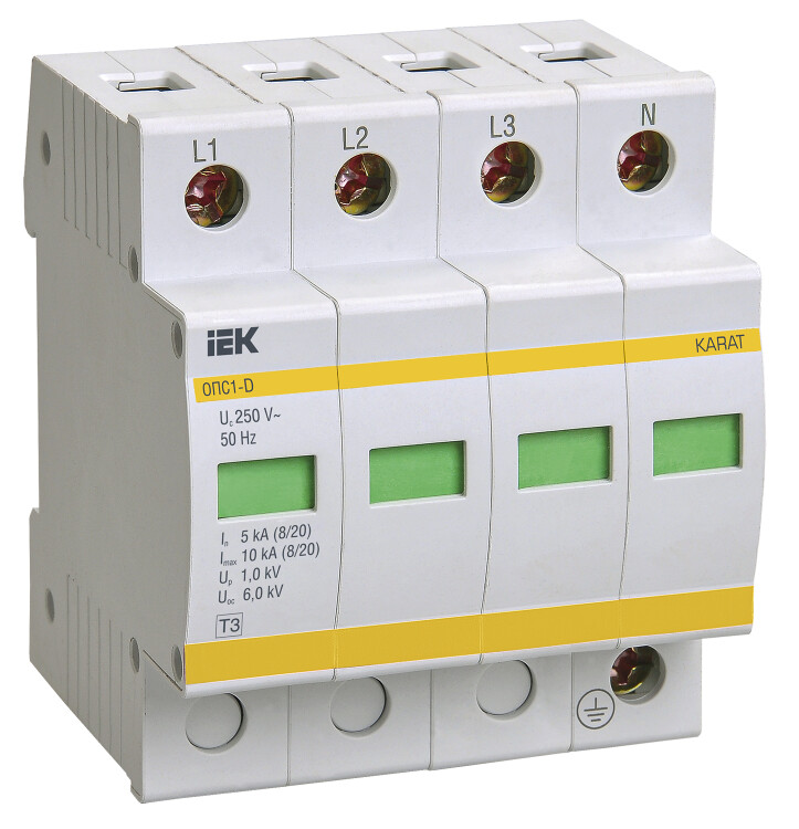 IEK KARAT Ограничитель имп. перенапр. ОПС1-D 4Р In=5kA Un=230B Im=10kA (MOP20-4-D) превью в интернет-магазине электрики Форум Электро в Москве