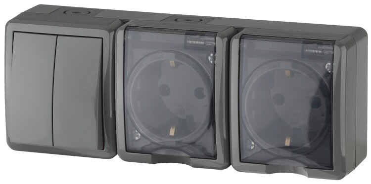 Картинка 11-7404-03 ЭРА Блок две розетки+выключатель двойной IP54, 16A(10AX)-250В, ОУ, Эра Эксперт, серый (5/ (Б0027676) в интернет-магазине Форум Электро в Москве