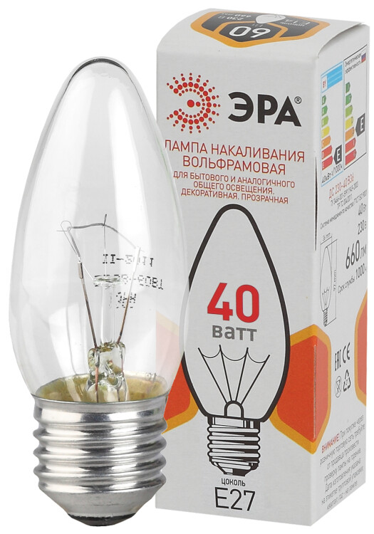ЭРА Лампочка B36 40Вт Е27 / E27 230В свечка прозрачная цветная упаковка (Б0039128) превью в интернет-магазине электрики Форум Электро в Москве
