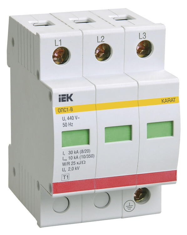 IEK KARAT Ограничитель имп. перенапр. ОПС1-B 3Р In=30kA Un=400B Im=60kA (MOP20-3-B) превью в интернет-магазине электрики Форум Электро в Москве
