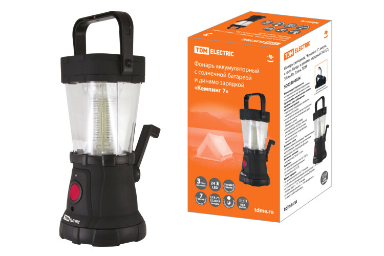 Фонарь светодиод. "Кемпинг 7", аккум. c солн. батар. и динамо зарядкой 24 LED, 30 лм/Вт, 2 реж. TDM (SQ0350-0034) превью в интернет-магазине электрики Форум Электро в Москве