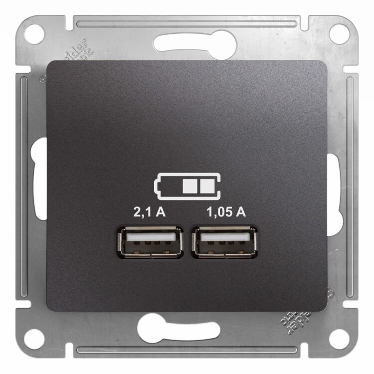 Картинка Systeme Electric Glossa Графит Розетка USB 5В/2,1А, 2х5В/1,05мА (GSL001333) в интернет-магазине Форум Электро в Москве