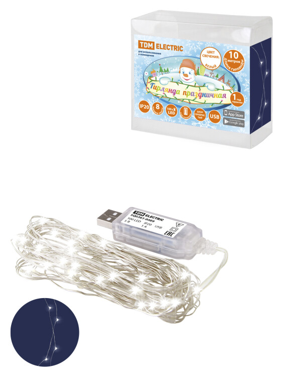 TDM Гирлянда светодиодная "Роса 100-Д" 10 м, 100LED, белый, ПДУ, USB, IP20, (SQ0361-0089) превью в интернет-магазине электрики Форум Электро в Москве