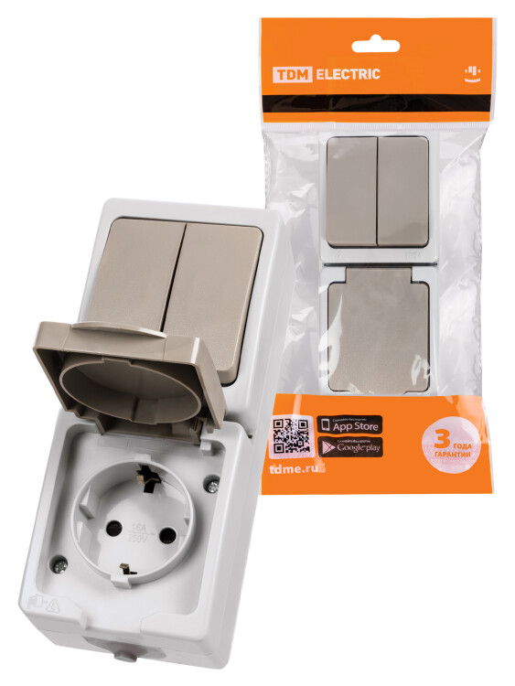 Картинка TDM Блок (вертикальный) выключатель 2-кл. + розетка 2П+З с з/ш БКВР IP54 серый "Вуокса" (SQ1803-0013) в интернет-магазине Форум Электро в Москве