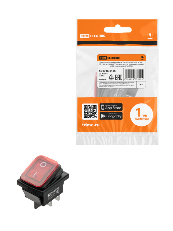 Картинка TDM KCD4-201N/HS 250В AC/DC, 2P, 15А, (4с), ON-OFF, черный корпус, красная клавиша, LED, IP54 (SQ0746-0165) в интернет-магазине Форум Электро в Москве