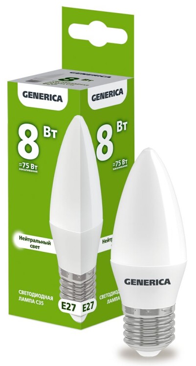 IEK GENERICA Лампа LED C35 свеча 8Вт 230В 4000К E27 (LL-C35-08-230-40-E27-G) превью в интернет-магазине электрики Форум Электро в Москве