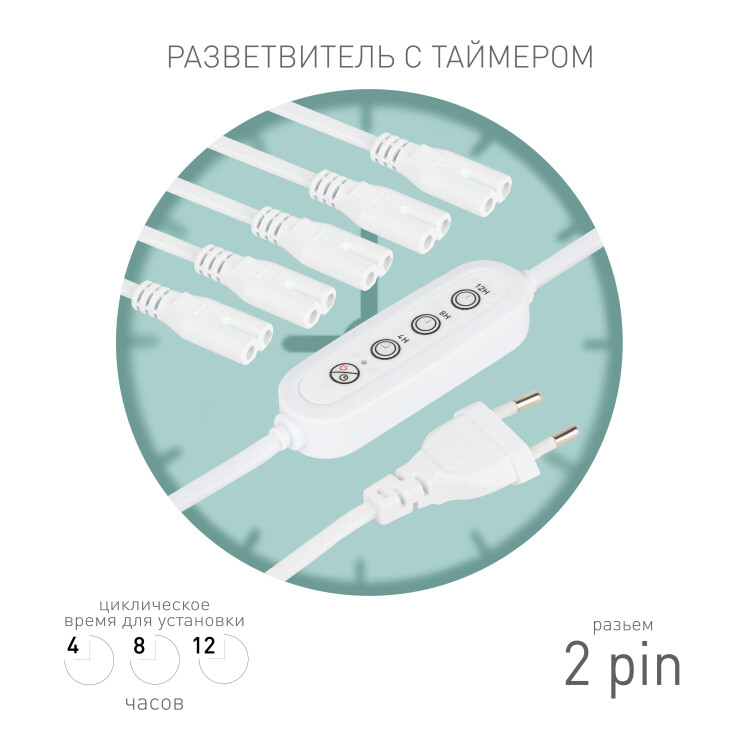 Картинка ЭРА Разветвитель сетевой для линейных светильников 5х IEC C7 2pin+timer на 5 точек с таймером 4, 8, 12H 2 м (Б0066923) в интернет-магазине Форум Электро в Москве