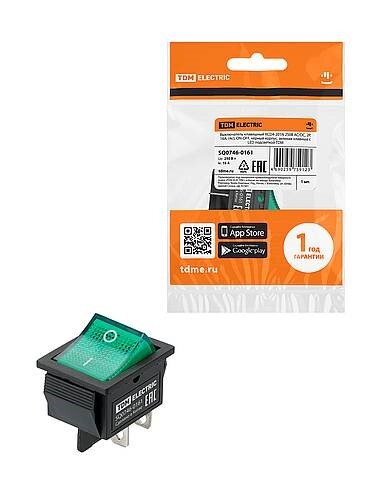 Картинка TDM KCD4-201N 250В AC/DC, 2P, 16А, (4с), ON-OFF, черный корпус, зеленая клавиша с LED подсветкой (SQ0746-0161) в интернет-магазине Форум Электро в Москве