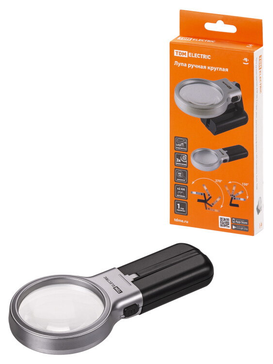 TDM Лупа ручная круглая, d 60 мм, 3-х крат. увел., рукоятка-трансформер, LED подсветка, 2хАА, (SQ1025-0903) превью в интернет-магазине электрики Форум Электро в Москве