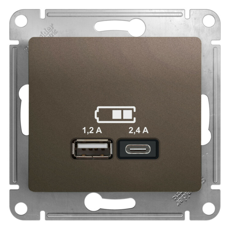 Картинка Systeme Electric Glossa Шоколад Розетка USB A+С, 5В/2,4А, 2х5В/1,2А (GSL000839) в интернет-магазине Форум Электро в Москве
