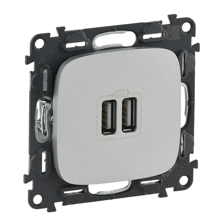 Картинка Legrand Valena ALLURE Алюм Розетка 2-ая USB 240В/5В 1500мА (с лицевой панелью). (754997) в интернет-магазине Форум Электро в Москве