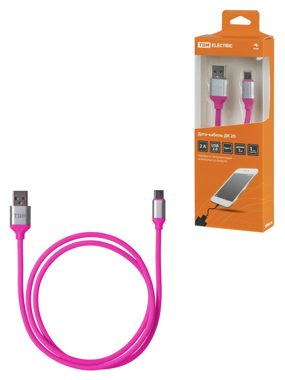 TDM Дата-кабель, ДК 20, USB - USB Type-C, 1 м, силиконовая оплетка, розовый, (SQ1810-0320) превью в интернет-магазине электрики Форум Электро в Москве