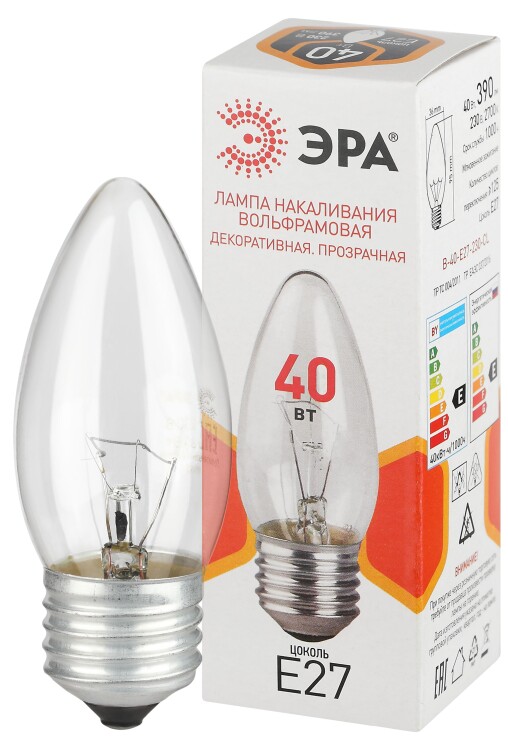 ЭРА Лампа накаливания B-40-E27-230-CL 40Вт 230В свеча прозрачная цветная коробка Е27 (Б0066505) превью в интернет-магазине электрики Форум Электро в Москве
