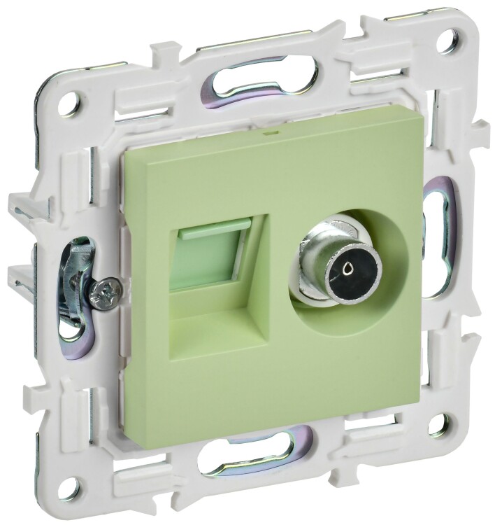 IEK SKANDY Мятный Розетка двойная TV+RJ45 кат.5E SK-A14G (SK-AK20-1-K06) превью в интернет-магазине электрики Форум Электро в Москве