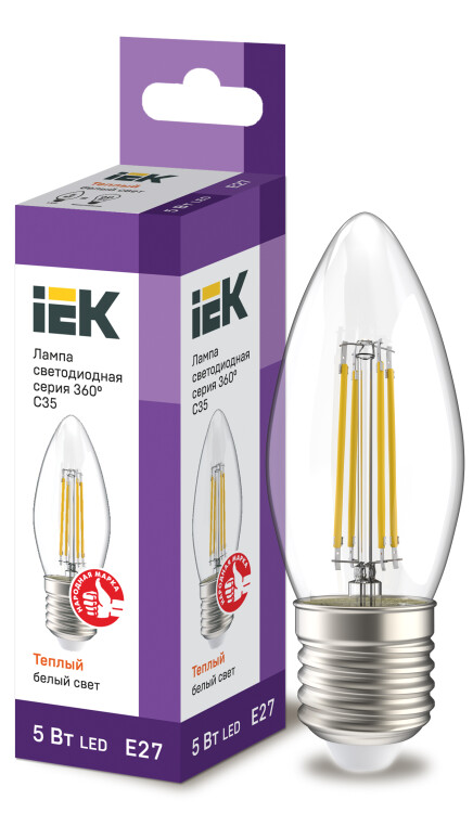 IEK Лампа LED C35 свеча прозрачный 5Вт 230В 3000К E27 серия 360° (LLF-C35-5-230-30-E27-CL) превью в интернет-магазине электрики Форум Электро в Москве