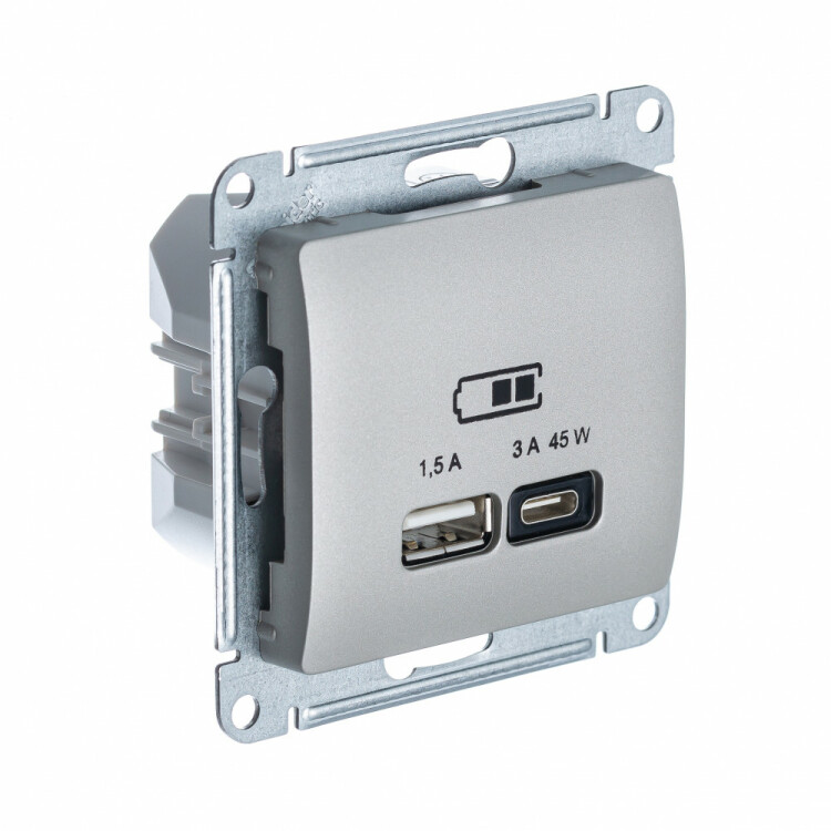 Картинка Systeme Electric Glossa Платина USB Розетка A + тип-C 45W высокоскор.заряд. QC, PD, мех. (GSL001229) в интернет-магазине Форум Электро в Москве