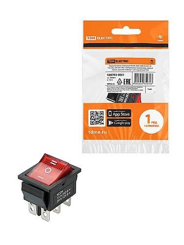 Картинка TDM KCD4-203N 250В AC/DC, 2P, 15А, (6с), ON-OFF-ON, c нейтралью, черный корпус, красная клавиша, LED (SQ0703-0051) в интернет-магазине Форум Электро в Москве