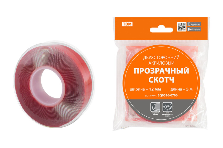 TDM Двухсторонний акриловый прозрачный скотч ширина 12 мм длина 5 м (SQ0526-0706) превью в интернет-магазине электрики Форум Электро в Москве