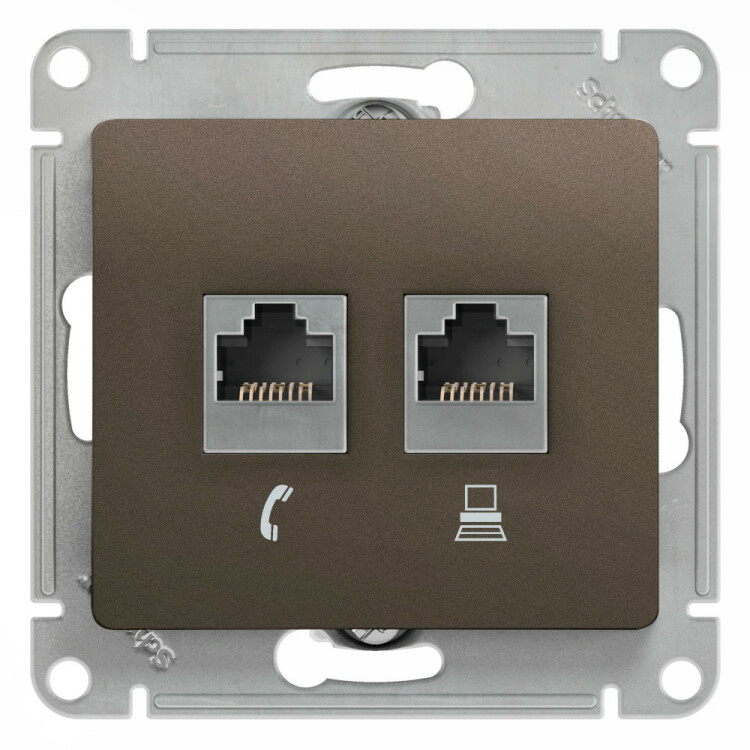 Картинка Systeme Electric Glossa Шоколад Мех Розетка 2-ая RJ11+RJ45, кат.5E (GSL000885) в интернет-магазине Форум Электро в Москве